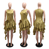 Round Neck Glitter Fabric Irregular Short Skirt Solid Dress CYA-902036