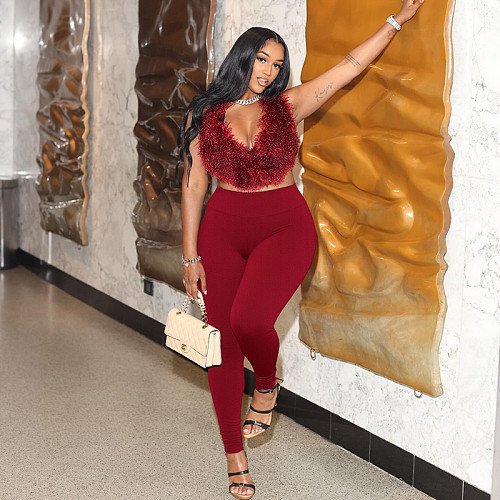 Fur Halter Neck Backless Lace-up Tight Trousers Set DZHT-C25ST141