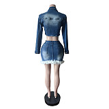 Denim Fashion Feather Skirt Hem Long Sleeve Short Jackets Set MEM-88658