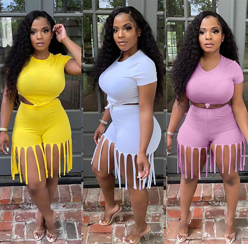 Solid Short Sleeve Crop Top Tassels Shorts Two Pieces ORY-5193
