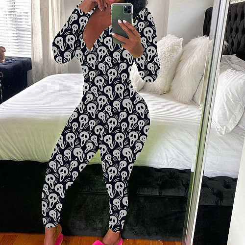 Women Christmas Printed Deep V-neck Long Sleeve Slim Jumpsuit SHD-9880