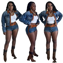 Women Long Sleeves Patchwork Jacket Top And Shorts Denim Sets MEM-88659