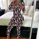 Women Christmas Printed Deep V-neck Long Sleeve Slim Jumpsuit SHD-9880