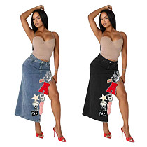 Fashion Women Letter Embroidery Elastic Denim Tight Skirt MEM-88657
