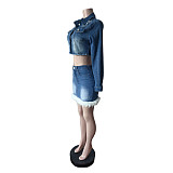 Denim Fashion Feather Skirt Hem Long Sleeve Short Jackets Set MEM-88658