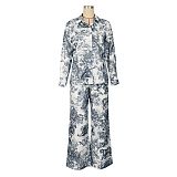 Two-piece Print Long Sleeve Shirt Straight Leg Trousers Set AIL-329