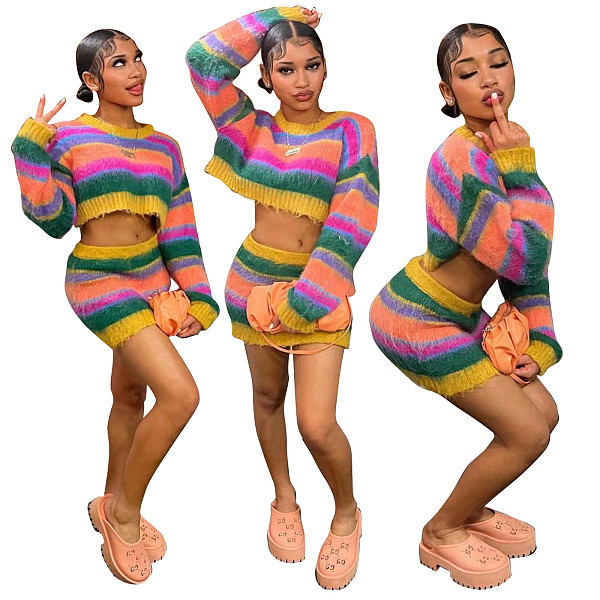 Sweet Casual Striped Knitted Mini Dress Set TR-1341