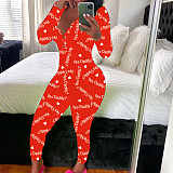 Women Christmas Printed Deep V-neck Long Sleeve Slim Jumpsuit SHD-9880