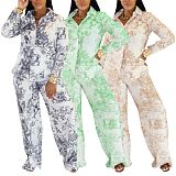 Two-piece Print Long Sleeve Shirt Straight Leg Trousers Set AIL-329