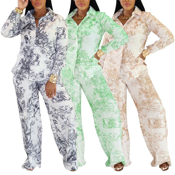 Two-piece Print Long Sleeve Shirt Straight Leg Trousers Set AIL-329