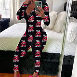 Women Christmas Printed Deep V-neck Long Sleeve Slim Jumpsuit SHD-9880