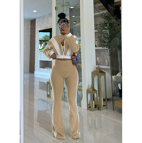 Casual Fit Flared Pants Long-sleeved Short Jacket Sport Two Pieces Suit FOS-8811
