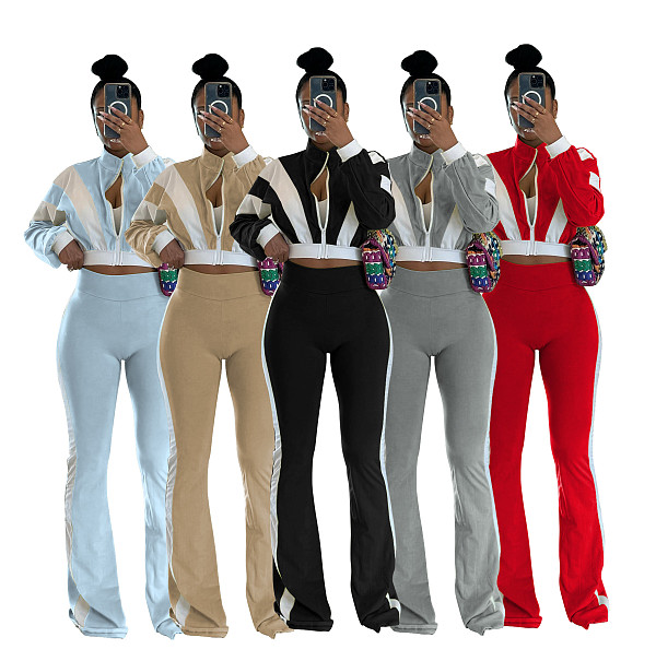 Casual Fit Flared Pants Long-sleeved Short Jacket Sport Two Pieces Suit FOS-8811