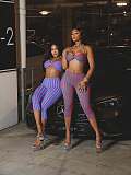 Vacation Striped Slim Sexy Bra Knee Length Pants Set For Women XS-K25L1151