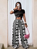 Stripe Wide Leg Mid Elastic Waist Casual Long Pants XS-K25L1128