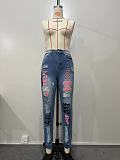 Letter Printed Knee Ripped Elastic Trouser Cuffs Skinny Pants XMOJ-8534