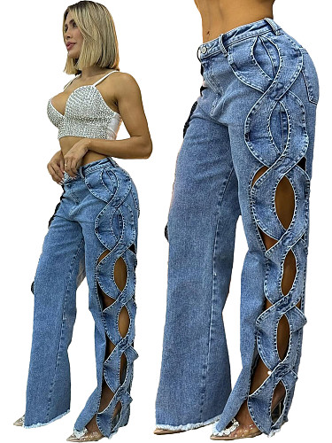 Side Cut S-line Denim Patchwork Jeans Trousers XMOJ-8727