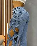 Side Cut S-line Denim Patchwork Jeans Trousers XMOJ-8727