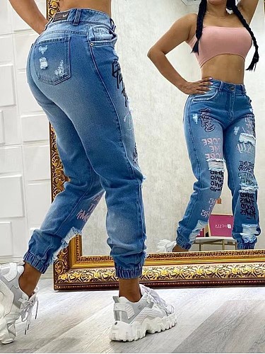 Letter Printed Knee Ripped Elastic Trouser Cuffs Skinny Pants XMOJ-8534