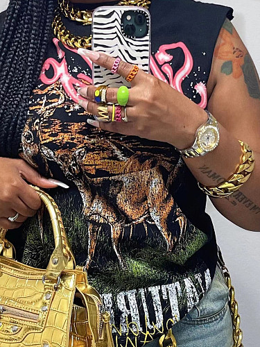 American Street Style Sleeveless Letter-printed T-shirt Vest Top XS-YJ24048
