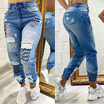 Letter Printed Knee Ripped Elastic Trouser Cuffs Skinny Pants XMOJ-8534