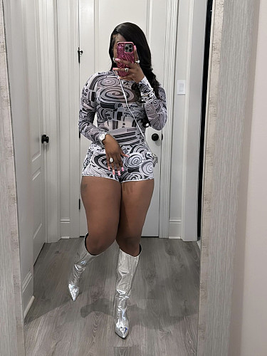 Tight Sexy Printed Round Neck Casual Long Sleeved Shorts Mesh Two Pieces XS-L44275