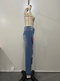 Letter Printed Knee Ripped Elastic Trouser Cuffs Skinny Pants XMOJ-8534