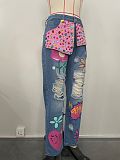Hot Diamond Print Cut Ripped Loose Jeans XMOJ-8685