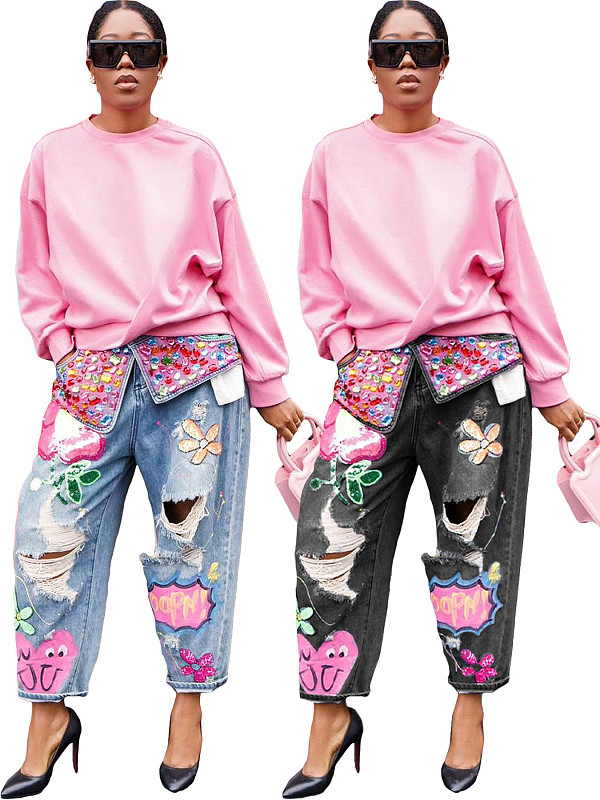 Hot Diamond Print Cut Ripped Loose Jeans XMOJ-8685