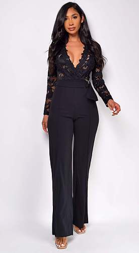 Lace Spliced Long Sleeve Casual Straight Wide-leg Jumpsuit OSM-AJ4492