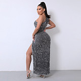 Solid Sequined Single Shoulder Sleeveless Slit Maxi Dress RS-DHM891