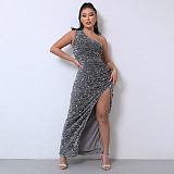 Solid Sequined Single Shoulder Sleeveless Slit Maxi Dress RS-DHM891