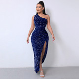 Solid Sequined Single Shoulder Sleeveless Slit Maxi Dress RS-DHM891