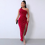 Solid Sequined Single Shoulder Sleeveless Slit Maxi Dress RS-DHM891