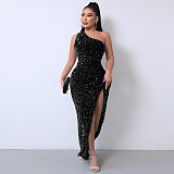 Solid Sequined Single Shoulder Sleeveless Slit Maxi Dress RS-DHM891