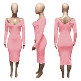 Big V-neck Off Shoulder Ribbed Slim Sexy Dress RS-Q21S951