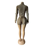Women Long Sleeve Zipper Tops And Tight Shorts Sexy Two Pieces Sets MEM-88616