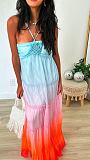 Embroidered Multi-layer Splicing Chest Flower Halter Maxi Dress XMOJ-8737
