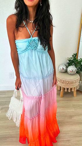 Embroidered Multi-layer Splicing Chest Flower Halter Maxi Dress XMOJ-8737