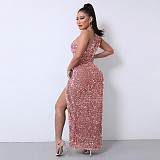 Solid Sequined Single Shoulder Sleeveless Slit Maxi Dress RS-DHM891