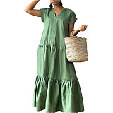 Solid Women's Skate Dress Amazon V-neck Loose XMOJ-8601