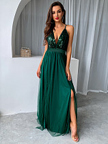 Mesh Double Layer Solid Sexy Halter Slit Dress Large Swing RS-DHM789