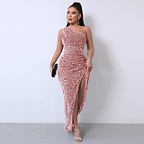 Solid Sequined Single Shoulder Sleeveless Slit Maxi Dress RS-DHM891