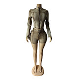 Women Long Sleeve Zipper Tops And Tight Shorts Sexy Two Pieces Sets MEM-88616