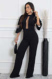 Loose Sleeve Mesh Fabric Patchwork Lace-up Wide-leg Women Jumpsuits OSM-AJ4490