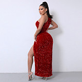Solid Sequined Single Shoulder Sleeveless Slit Maxi Dress RS-DHM891