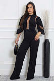 Loose Sleeve Mesh Fabric Patchwork Lace-up Wide-leg Women Jumpsuits OSM-AJ4490