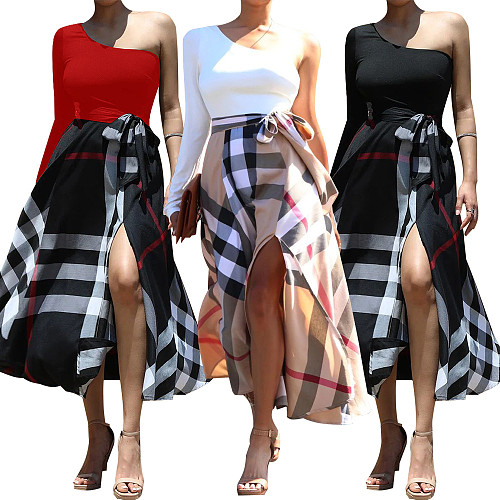 New Styles Single Shoulder Square Printed Slit Dress YF-10635