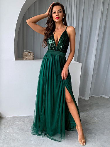 Mesh Double Layer Solid Sexy Halter Slit Dress Large Swing RS-DHM789