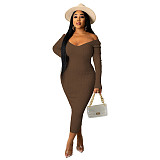 Big V-neck Off Shoulder Ribbed Slim Sexy Dress RS-Q21S951